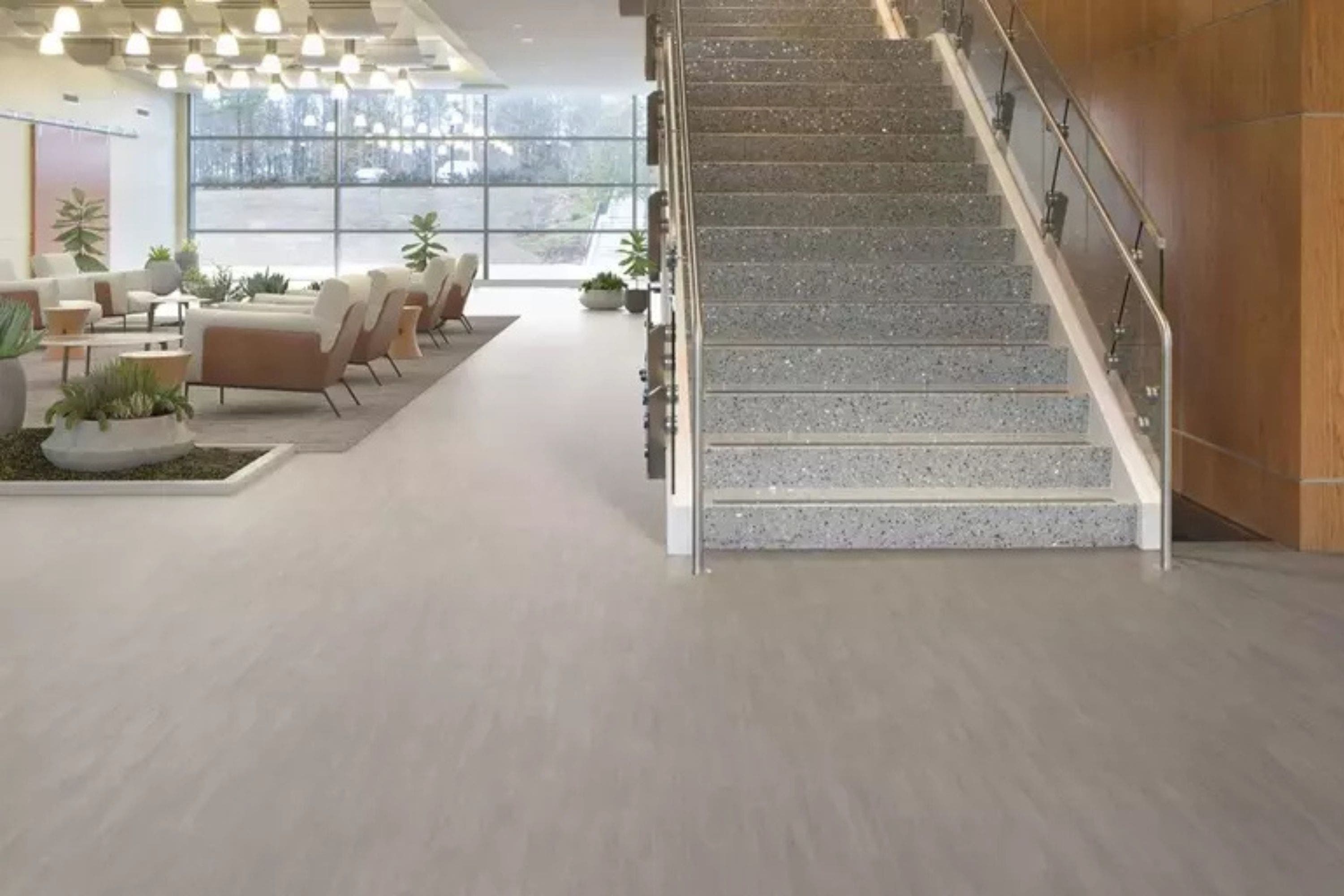 Wood-look commercial LVT flooring in a modern Boston office lobby